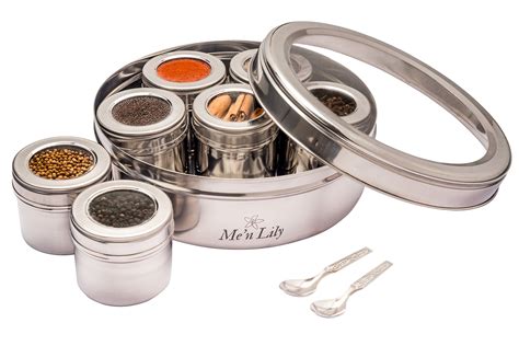 Stainless steel spice box in steel with 7 spice containers with see 